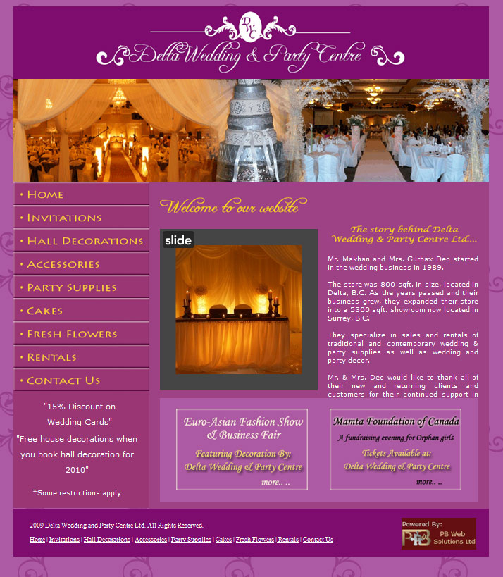 PB Web Solutions Ltd sample website design, Delat Wedding and Party Centre